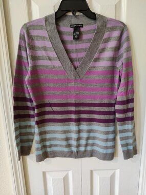 New York & Company Women's Gray Multicolor Striped Long Sleeve Sweater Small